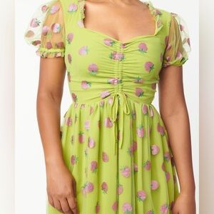 Smak Parlour Avocado & Pink Strawberry Print Woodstock Flare Dress medium